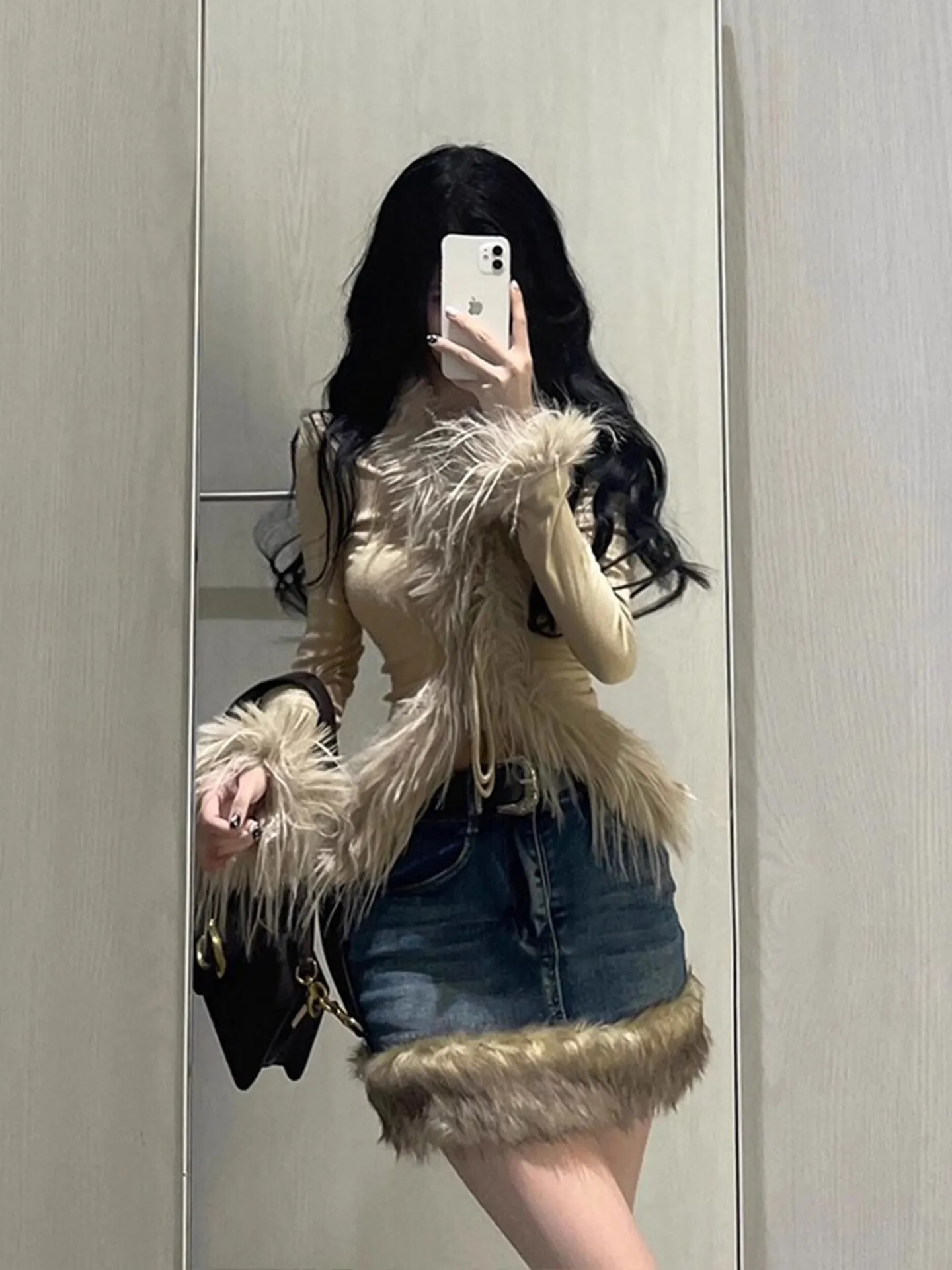 Retro Large Size Washed Patchwork  Skirt Women's Autumn Winter Spicy Girl Bodycon Denim Short Skirt Plush Top Two Piece Set