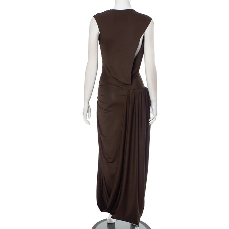 SKMY Women Clothing Solid Color Round Neck Sleeveless High Waist Pleated Backless Elegant Evening Party Long Dresses Clubwear