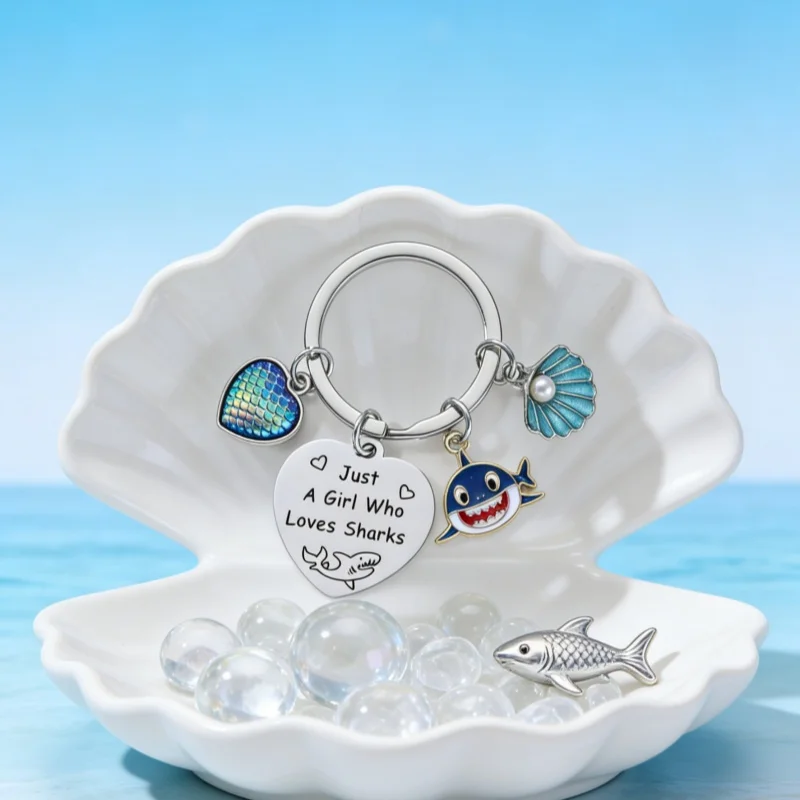 Nette Haie Herzförmige Muscheln Fischschuppen Emaille Schlüsselbund Kreative Stahl Platte Schlüssel Ring Für Frauen Männer Geschenk Handgemachten Schmuck