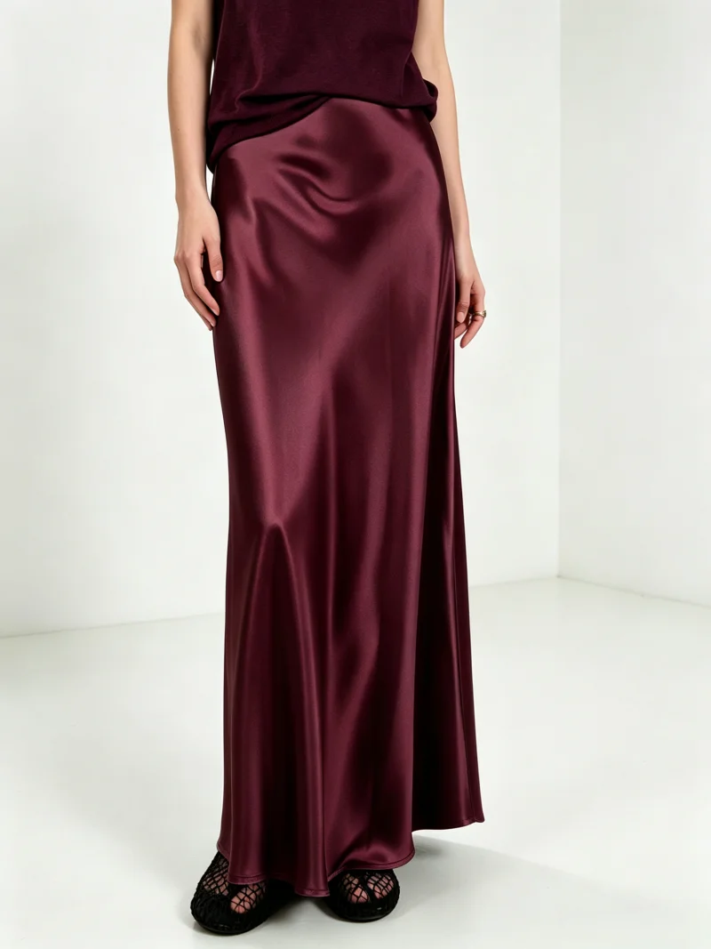 KAROFI Luxury Silk Feel Satin Long Mermaid Skirt Women High Waist Flowy Skirt Elegant Office Party Evening Glossy Skirt SK442