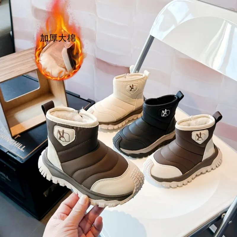 

2025 Children's Thick Sole Bread Shoes Winter Snow Boots Boys Girls Fleece Lined Short Booties Warm Style Kids