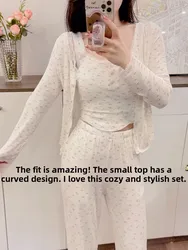 Sweet Floral Print Girl's Spwear round Ne Long Sve Pants Set Spring Autumn Cotton Home Clothes Tee-Piece Suit