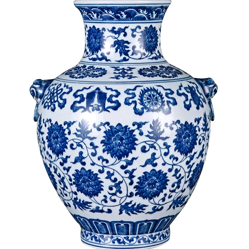 Hand Painted Blue White Double Ear Ceramic Vase, Interlocking Lotus Pattern, Chinese Decor for Living Room & Curio Shelf