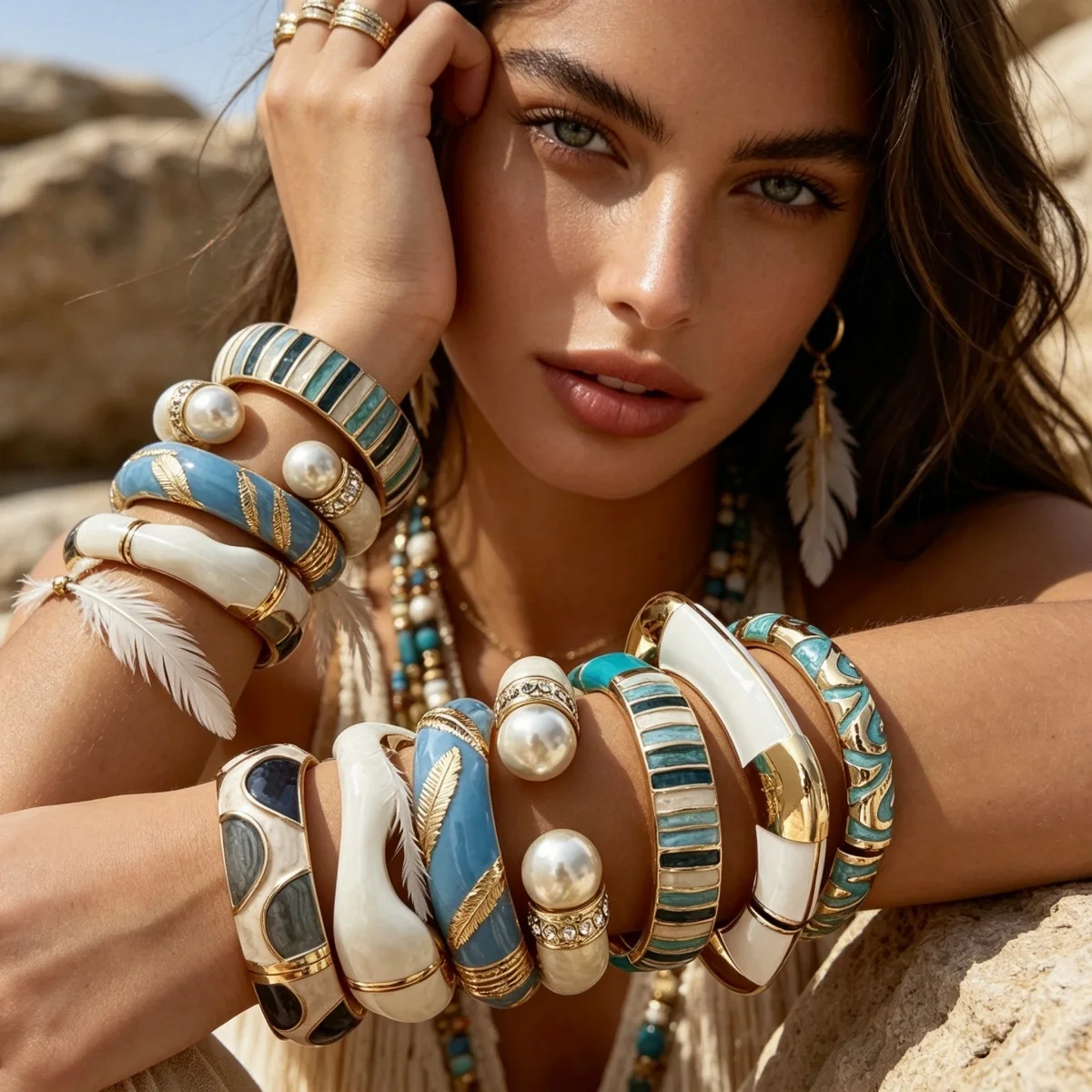 Trendige blau-weiße Emaille-Manschettenarmbänder für Damen und Herren, Vintage, unregelmäßige Streifen, stapelbarer Armreif, Partyschmuck – Detail 13