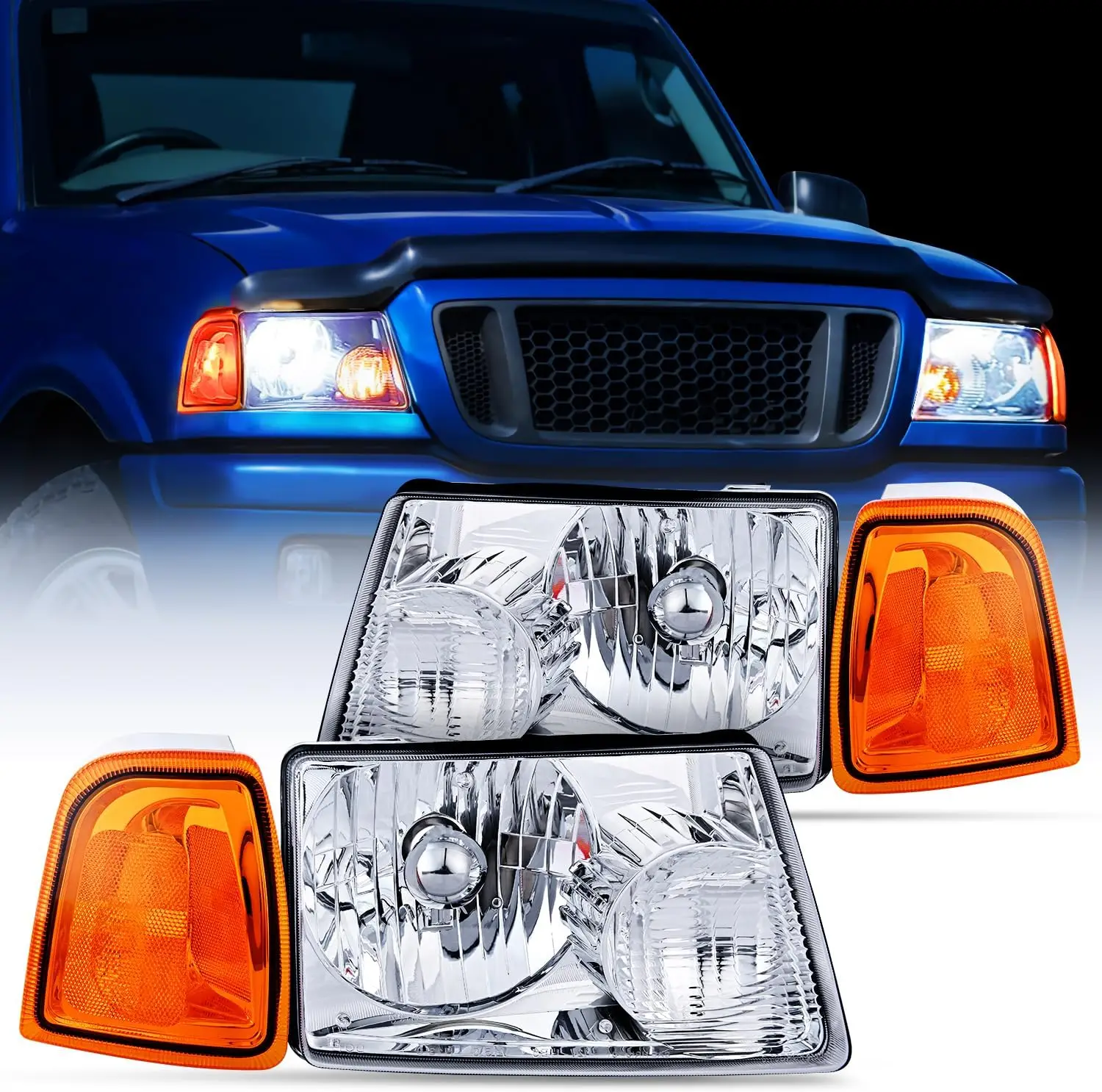 Nilight Headlight Assembly for Ford Ranger 2001-2011, Replacement Front Headlights with Chrome Housing, Clear Lens & Amber Reflector