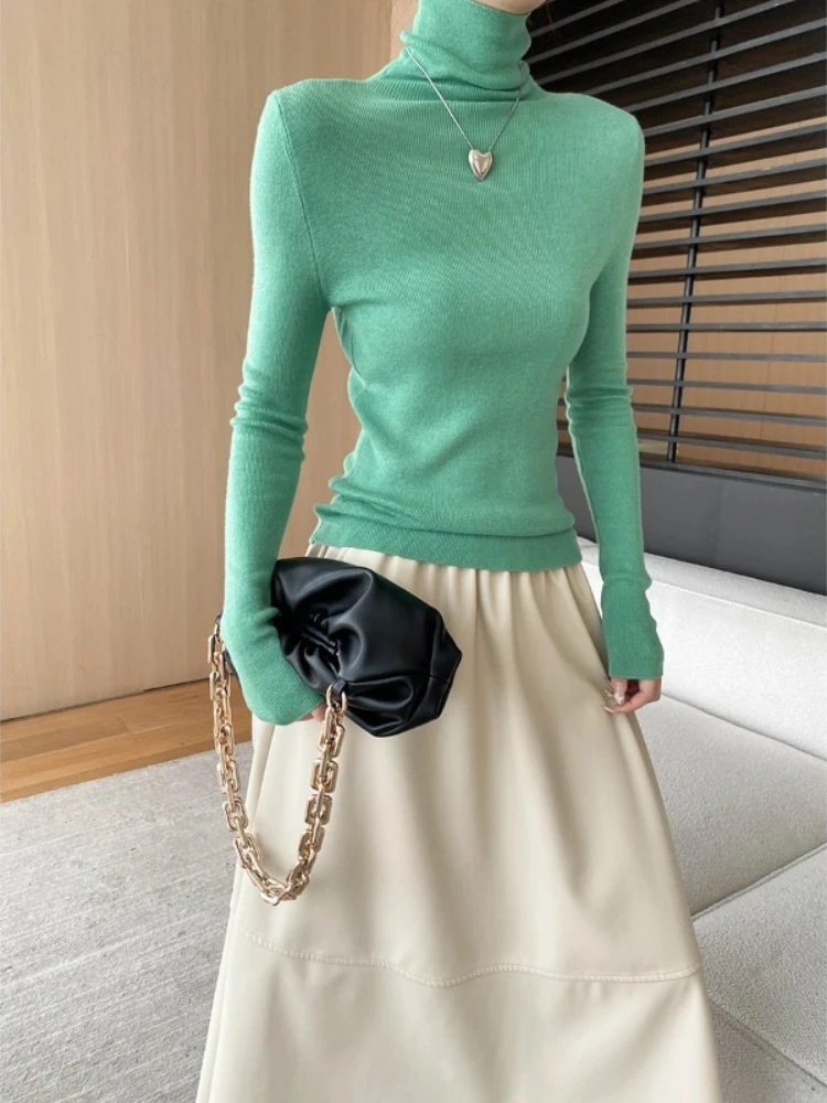 

Korean French Style Thin Knit Turtleneck Sweaters Women Solid Bodyhugging Pullover Tops Winter Warm Stretch Soft Sweatshirt Tops