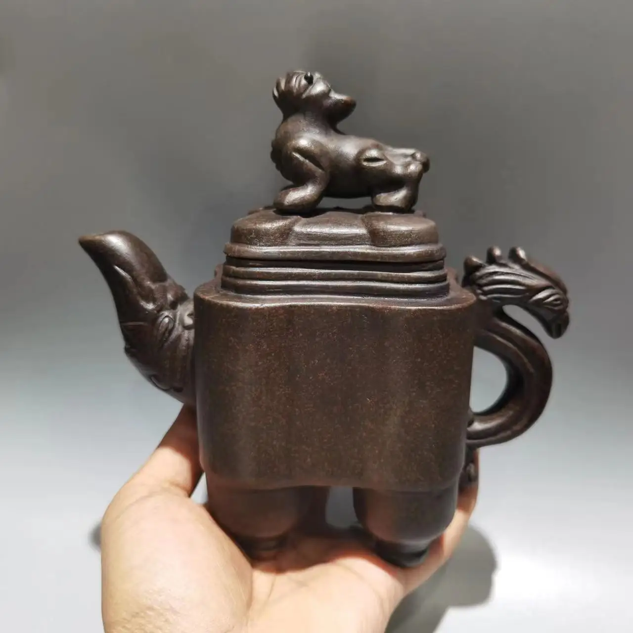 Old Chinese Handcraft Enameled  YiXing Zi Sha Clay  (purple stoneware) Teapot ,beast,with mark,Free shipping