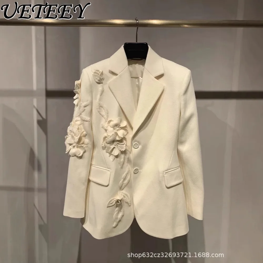 Female Casual White Blazer Jacket Autumn New High-end Three-dimensional Flower Fashionable Foreign-style Suit Coat for Women