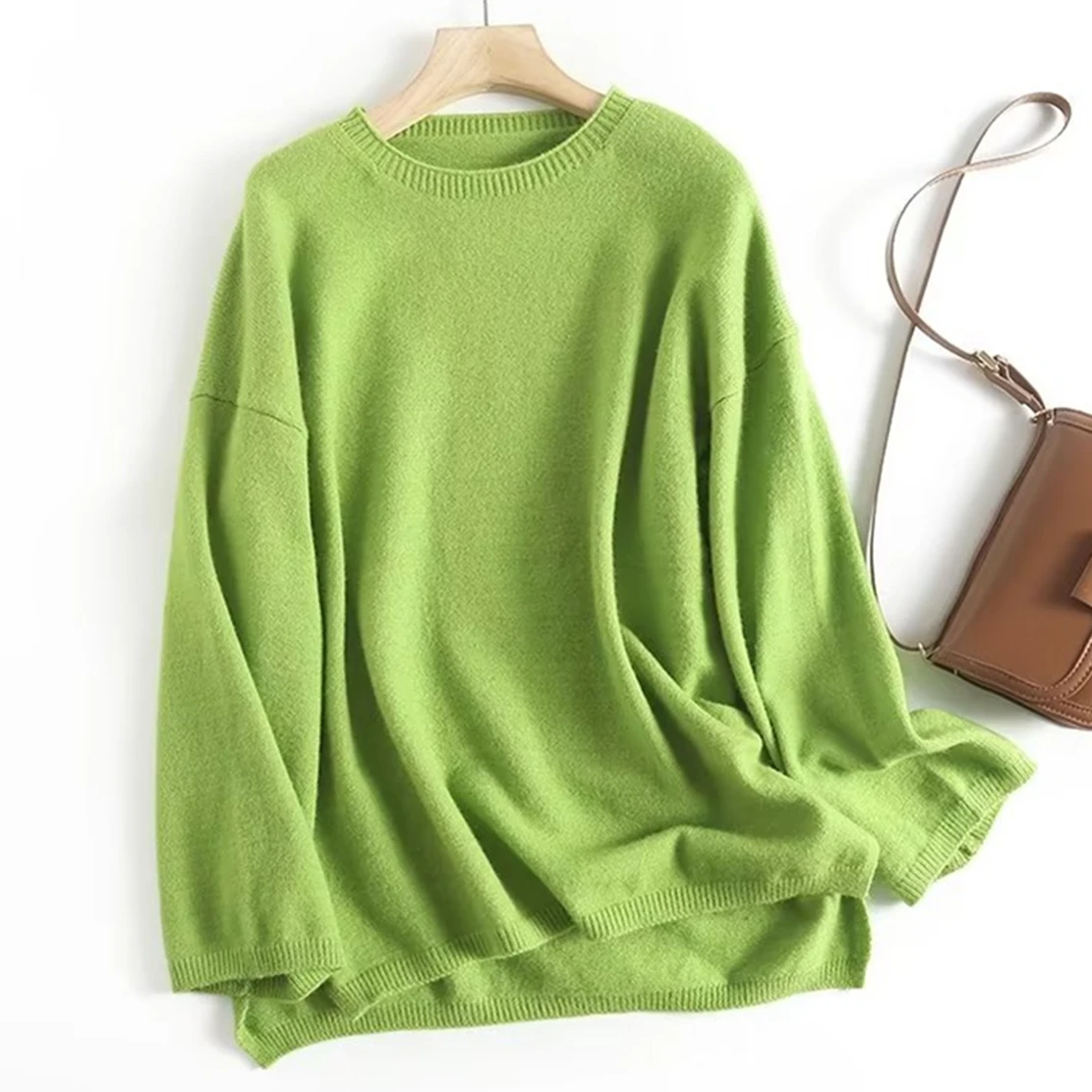 Maxdutti WInter  Fashion Green Solid O-neck Pullovers Tops Sweaters Women