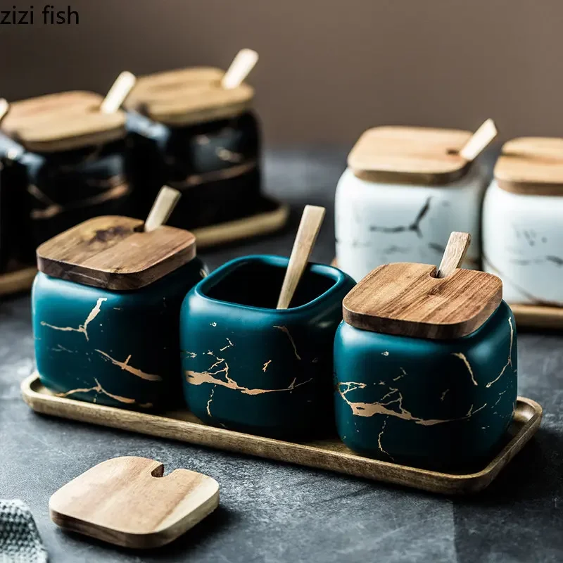 Marmurkowy ceramiczny słoik na przyprawy Pojemnik na przyprawy Pudełko na przyprawy Butelka na przyprawy Słoik na przyprawy Drewniana pokrywa Zbiornik do przechowywania Organizer do przechowywania