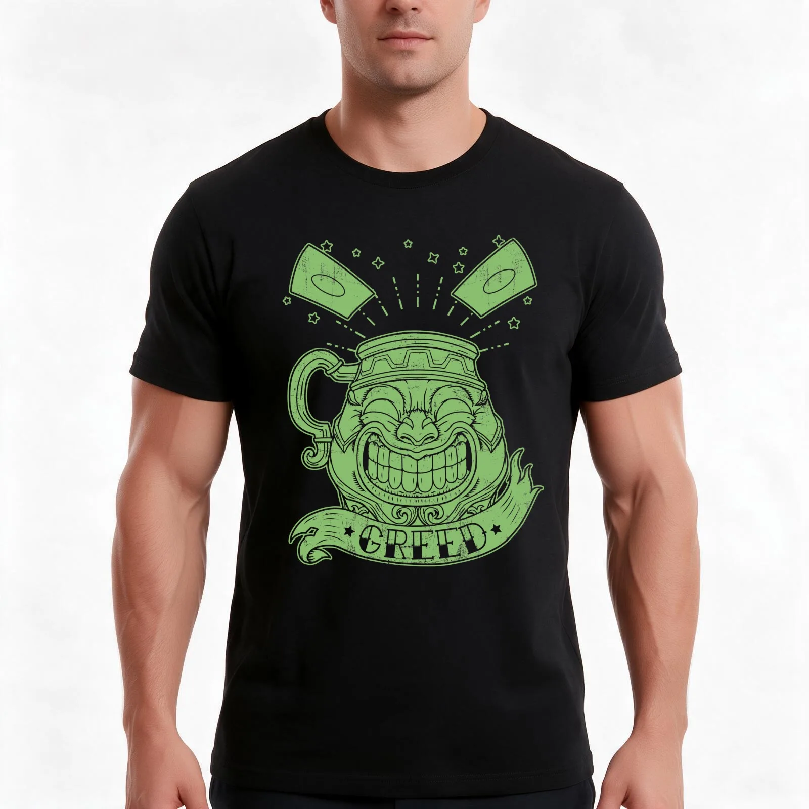 GREED - green ink T-Shirt, Summer Casual Cotton Tee, Oversized Streetwear Tops, Vintage Graphic Print, Loose Fit Short Sleeve