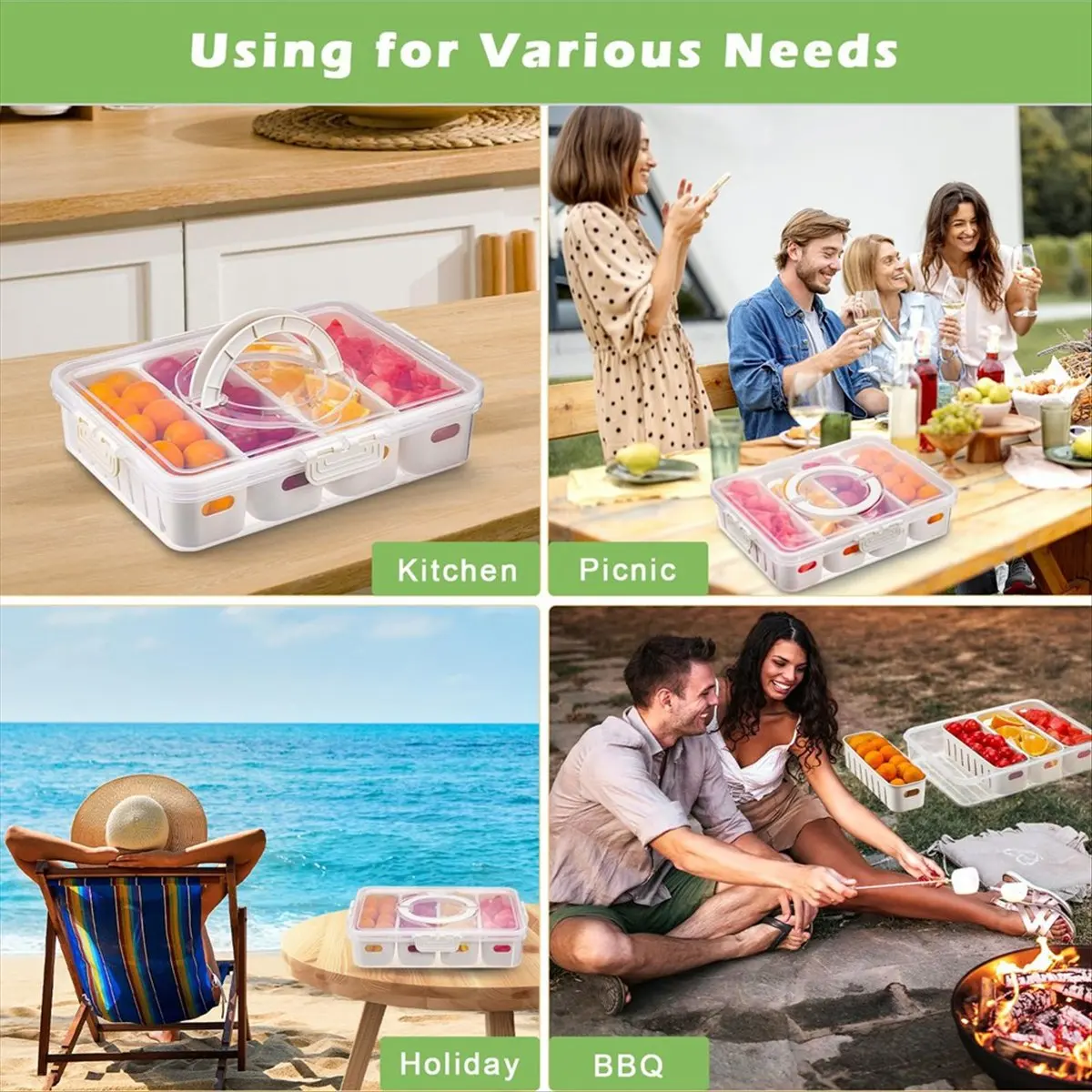 Portable Fruit Tray with Compartments, Clear Snack Organizer for Picnics & Kitchen Storage, Includes Lid & Handle