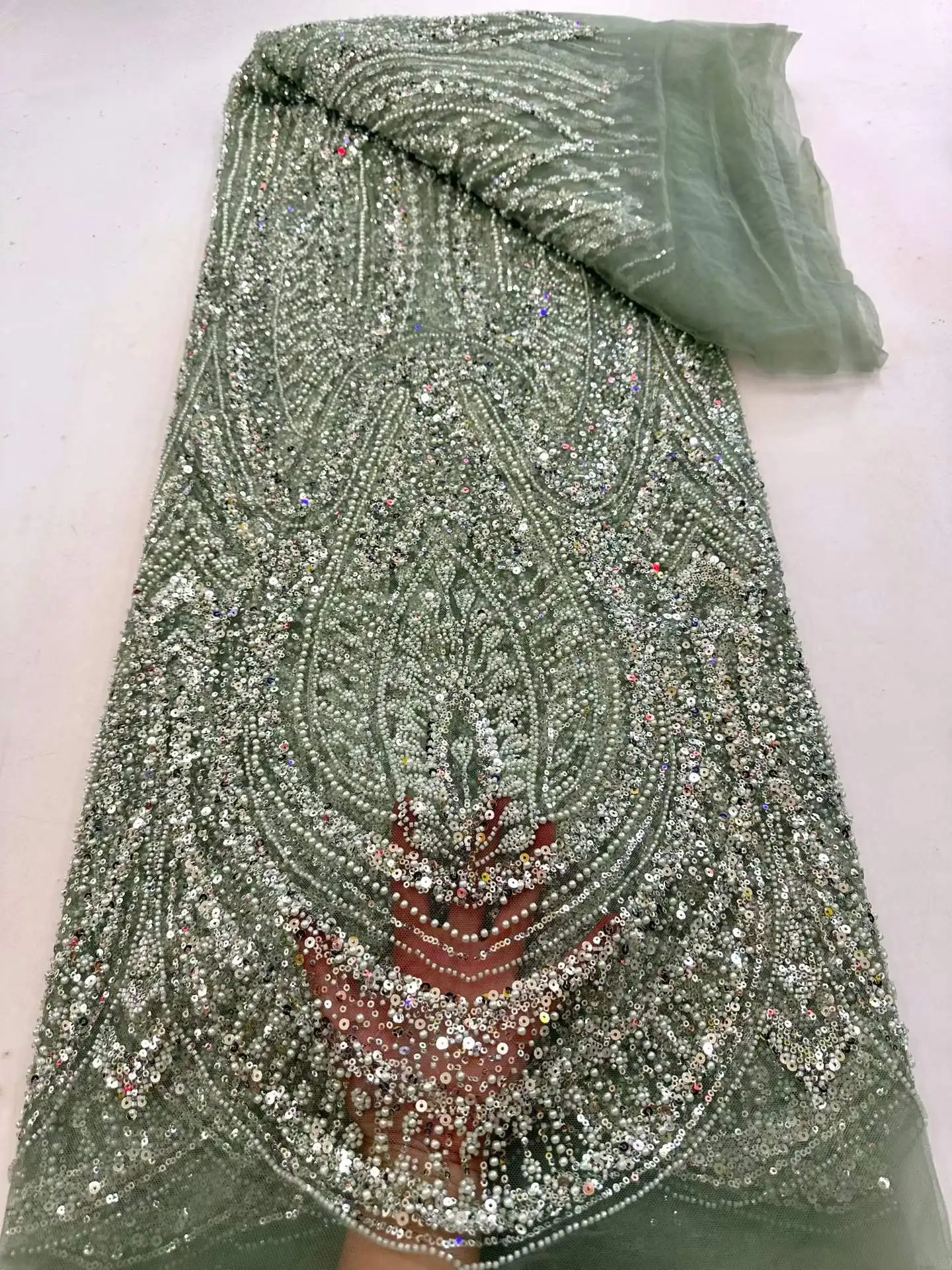 

2026 French African Tulle Lace Fabric High Quality Mesh Lace Fabric Heavy Beaded Sequins Nigerian Lace Fabric For Wedding Dress