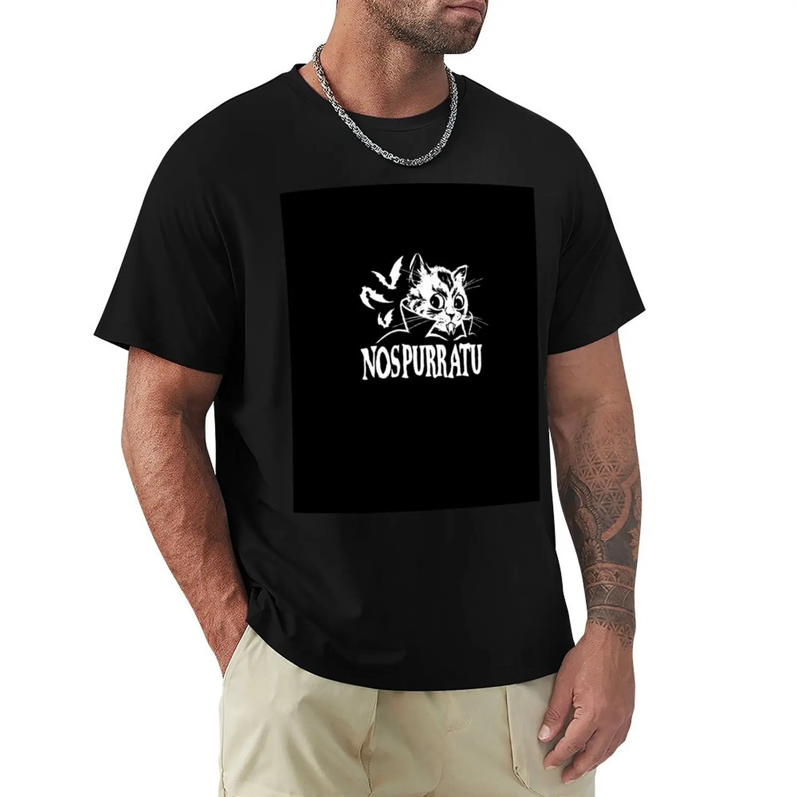 

NosPURRatu Nosferatu Kitty with fangs Vampire Cat and flying bats T-Shirt anime figures men tshirt