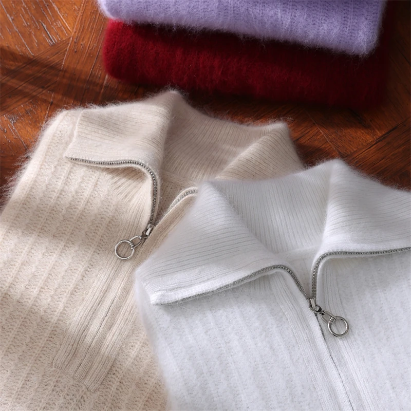 Women's Mink Cashmere Half-Zip High-Neck Pullover Sweater Autumn Winter Basic Soft Warm Clothing 100% Mink Cashmere Knitwear
