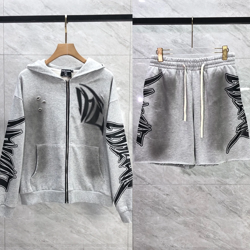 

Good Quality Washed Gray MIXED EMOTION Cardigan Fashion Pullover Men Vintage Hoodie Letters Logo Print Classic Pants Set Men