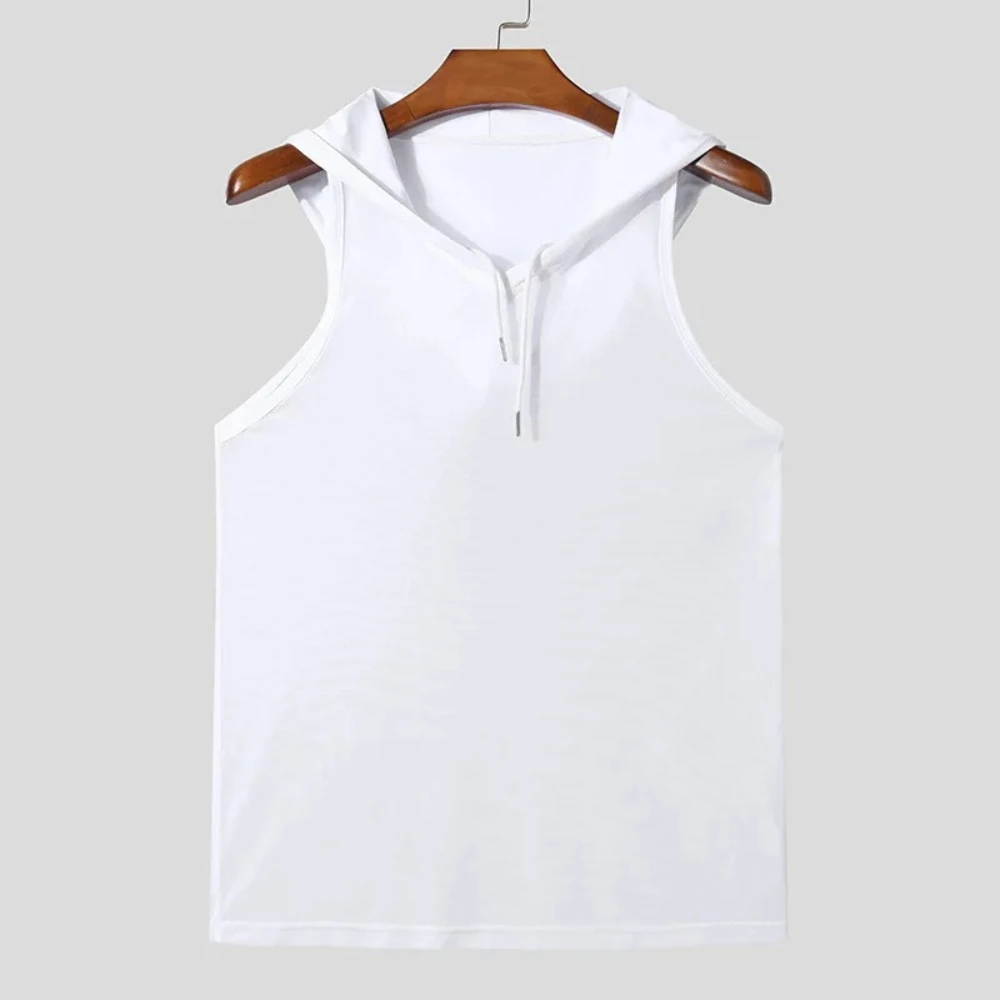 Men's Workout Hooded Tank Tops Sports Training Sleeveless Gym Bodybuilding Hoodies Shirts Summer Casual Drawstring Fitness Vest