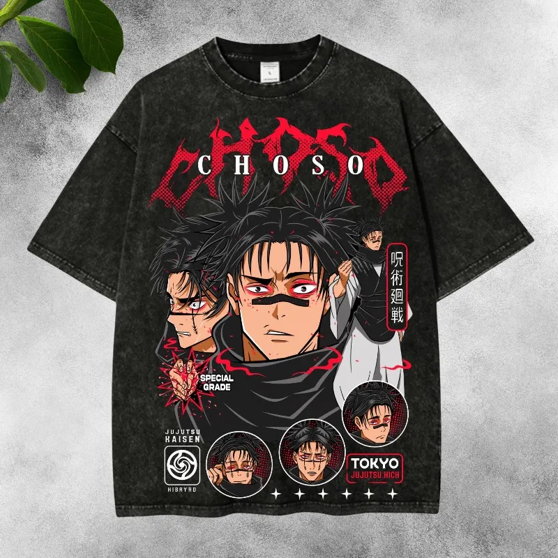 

Jujutsu Battle Retro Pickled Manga Pattern T-shirt Retro Men's Washed Y2K T-shirt Summer New Anime Style Unisex