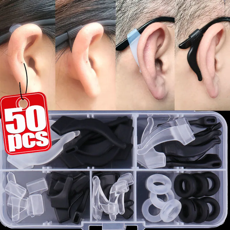 50pc/Box Silicone Anti-slip Ear Hooks Holder for Glasses Black/Transparent Elastic Eyeglass Retainer Holders Eyewear Accessories