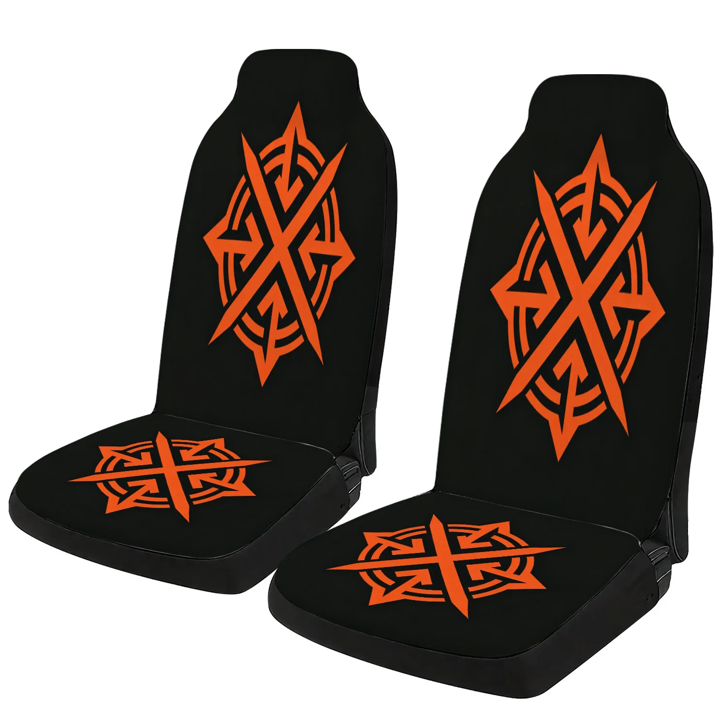 Car Seat Covers + Auto Seat Protectors + Universal Fit, Orange Black Tribal Arrow Pattern, Sporty Modern, Car SUV Truck Sedan Da