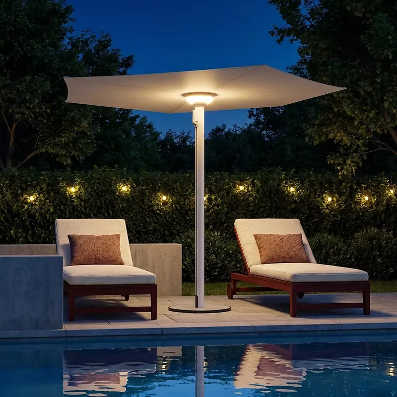 3m Large Solar LED Light Up Patio Umbrella Waterproof Retractable Sunshade for Garden Pool Hotel Resort Outdoor Wedding Party