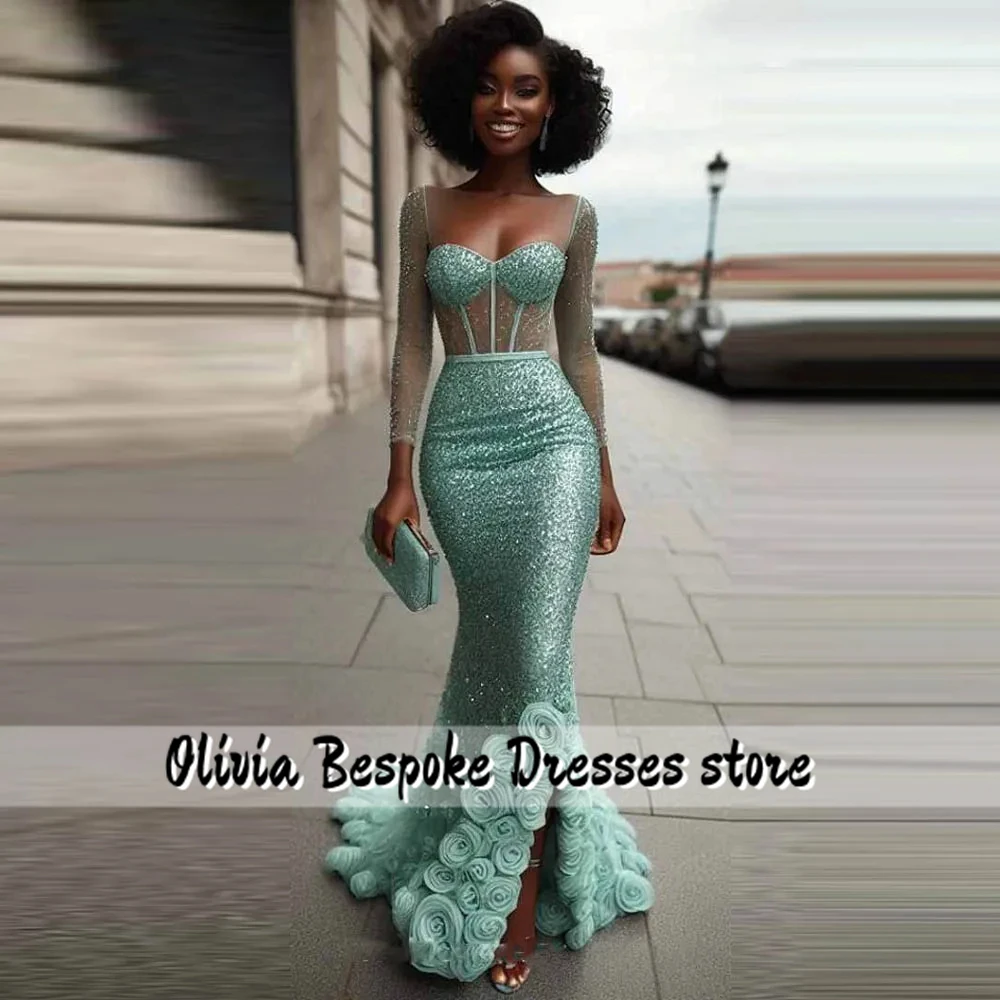 Mint Green Mermaid Aso Ebi Evening Dresses Long Sleeves Beads Ruched Flowers Split African Wedding Reception Gowns Customized