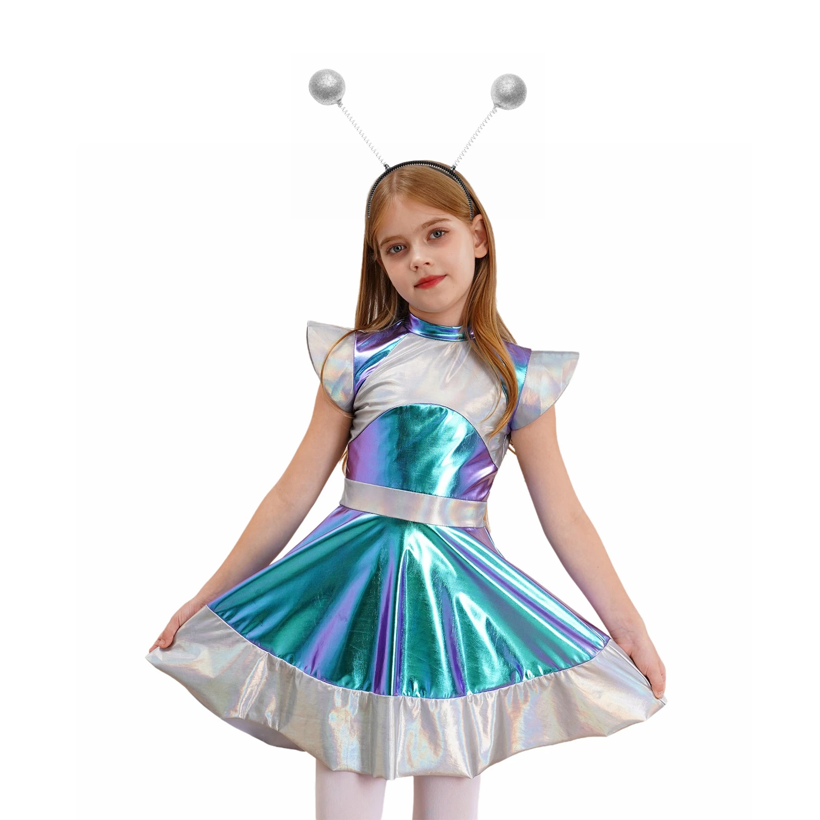 Girls Alien Cosplay Costume Outer Space Cutie Costume Dress with Funny Alien Hair Hoop Accessories Halloween Masquerade Dress Up