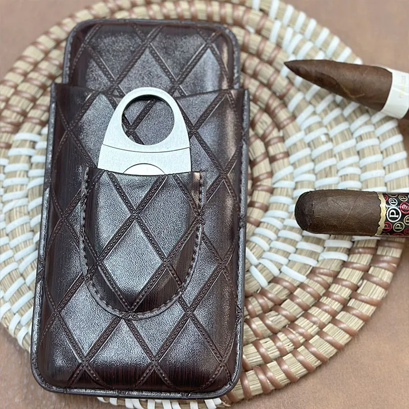 

Durable Leather Case Holder 3 Tube Travel Brown Cigar Cedar Humidor With Cutter 917