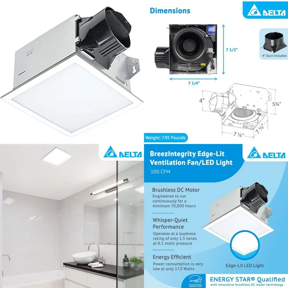 

BreezIntegrity 100-CFM светодиодный вытяжной вентилятор для ванной комнаты с регулируемой яркостью и белым светом по краям, энергоэффективное решение для вентиляции