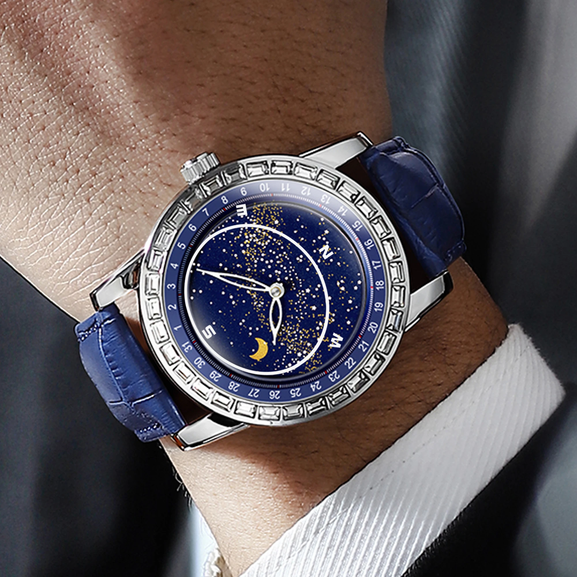 BINBOND Men's Starry Sky Disc Diamond Watch Fashion Business Leather Strap Luxury Star Moon Phase Men's Watch