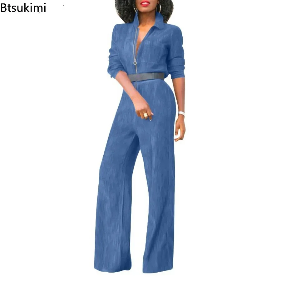 2025Elegant Women Denim Jumpsuits Spring Summer Long Sleeve Rompers Lapel Zip-Up Streetwear Casual Party Playsuits Overall Femme