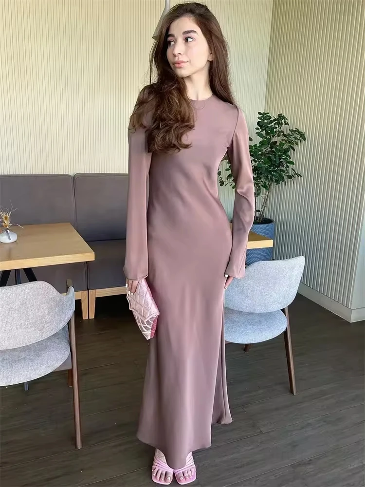 Satin Fashion Slim Maxi Dress For Women Long Sleeve High Waist Elegant Solid Party Dress Casual Luxury Ladies Autumn Dress