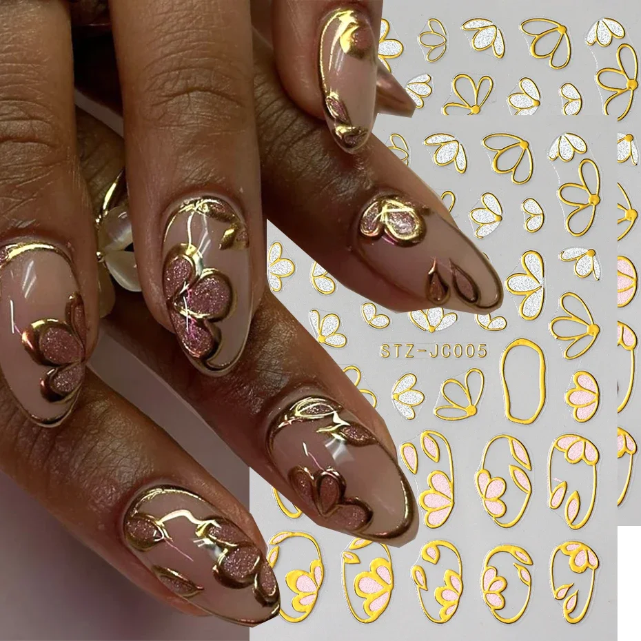 3D Bronzing Glitter Floral Nail Stickers Golden Petals White Daisy  Self-adhesive Decals Elegant Spring Design Manicure Sliders