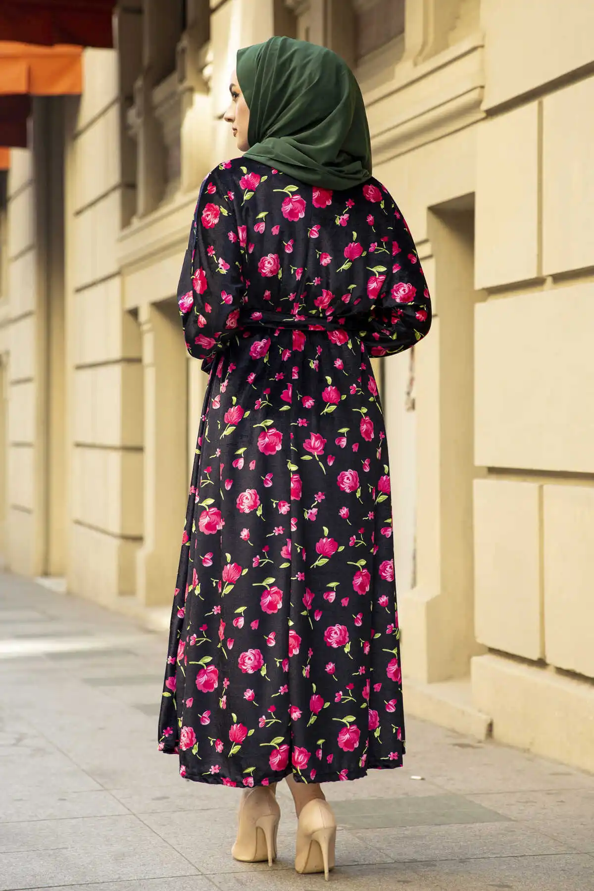 Floral veludo bat manga vestido padrão inverno outono 2021 muçulmano mulheres hijab lenço islâmico turquia