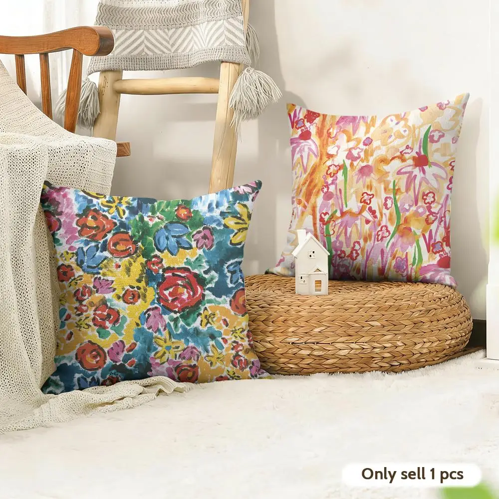 Fashion Pretty Flowers Cushion Cover Organic Linen Square Pillow Case Durable Non-Allergenic And Kind To Skin