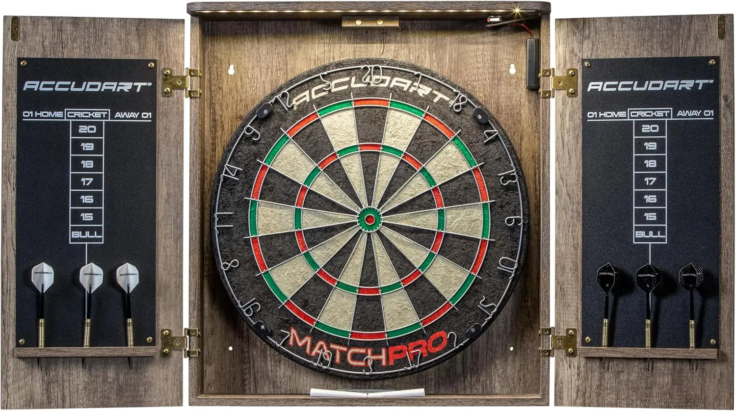 Match Pro Dartboard Cabinet Set Official Size  Self Healing Sisal  Modern Style Woodgrain  Two Built in Dartholder