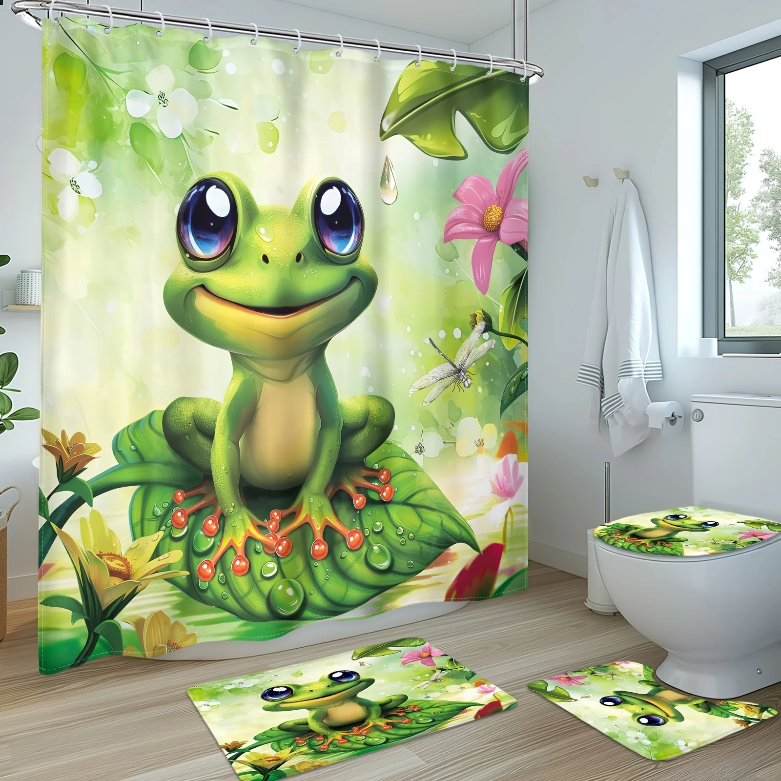 4Pcs Frog Dragonfly Shower Curtain Set, Waterproof Cartoon Leaves Pattern , Non-slip Mat & Toilet Lid Pad, Fun Bathroom Decor