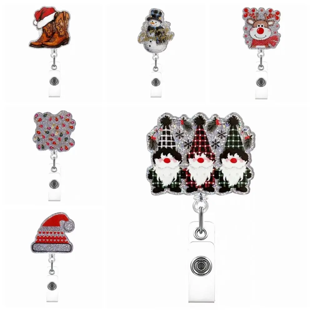 Retractable Christmas Badge Reels Christmas Hat Snowman Elk Rotation Nurse ID Badge Holder Acrylic Alligator Badge Clip Xmas
