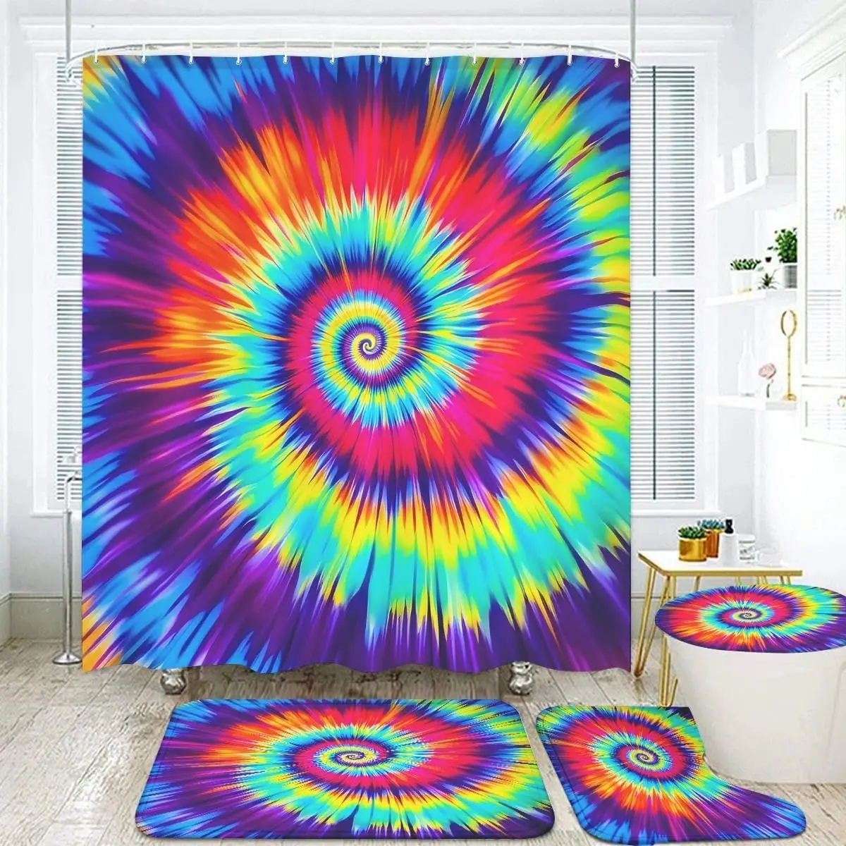 

Набор для ванной комнаты Rainbow Spiral, 4 предмета с занавеской для душа, коврик для ванной, контурный коврик, крышка унитаза, психоделический узор