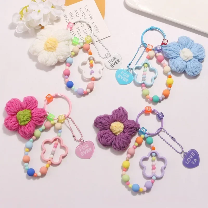 Cartoon Wool Knitted Flowers Key Chains Beaded Wristlet Lanyard Bracelet Keyring For Women Girl Bag Pendant Charms Keychain Gift