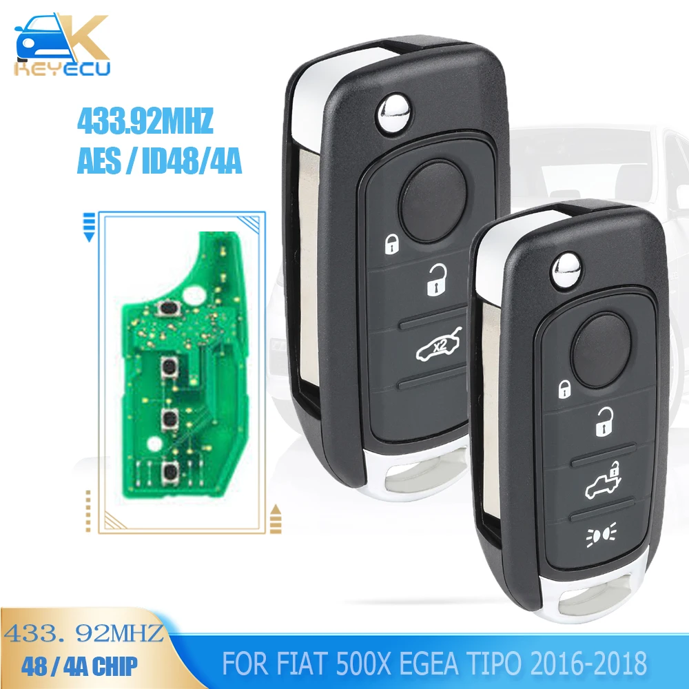 KEYECU Flip Remote Key Fob 3B/4B FSK 433.92MHz MQB 48 / 4A Chip for Fiat 500X Egea Tipo 2016-2018 Megamos AES 16FA