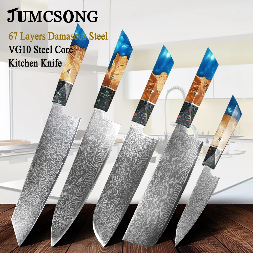 JUMCSONG Sharp 67 layer Damascus Steel Kiritsuke Knife Resin Handle Santoku Knife Tree Chef Fruit Knife EDC Kitchen Knife