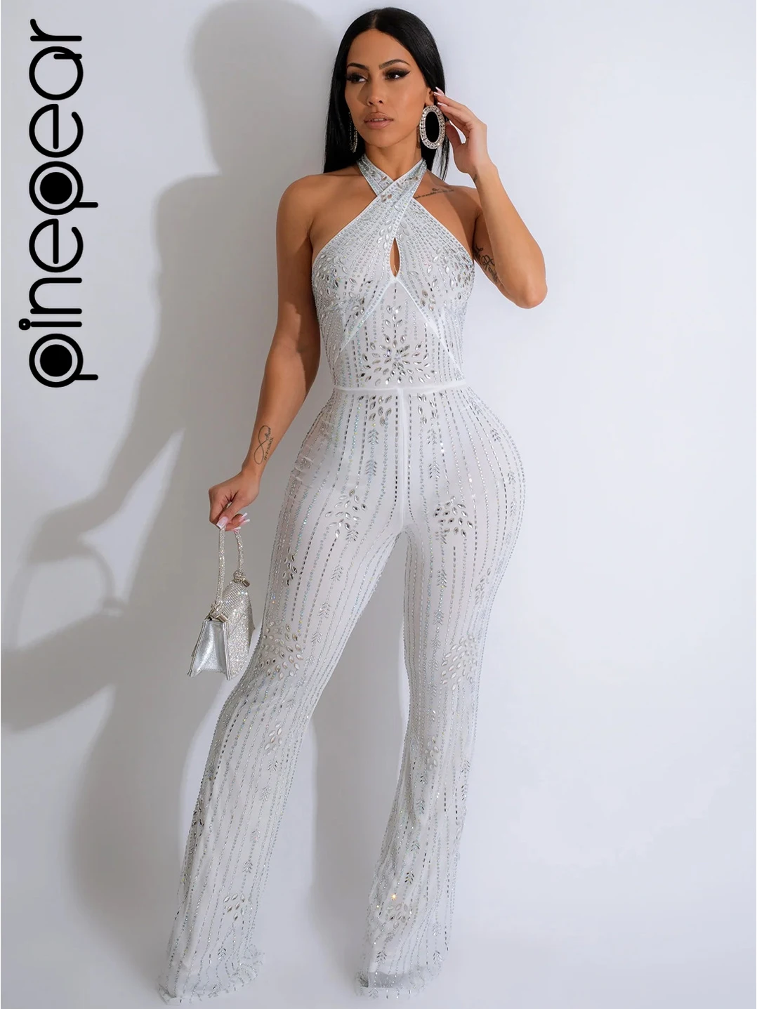 PinePear 2024 Sparkly Diamond Rhinestone Rompers for Women Jumpsuits Halter Backless Skinny Birthday Party One Piece Overalls