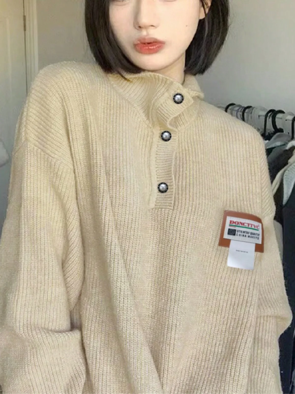 

Chic American Retro Ne Knitted Sweater Women's Autumn Winter Design Sensation Top f Open Collar Long Sve L...