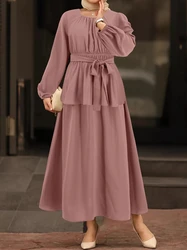 Muslim Women's Summer Skirt Set New Elegant Round Collar Lantern Long Sleeve Tie Up Waist Top Long Skirt Casual Two Piece Set
