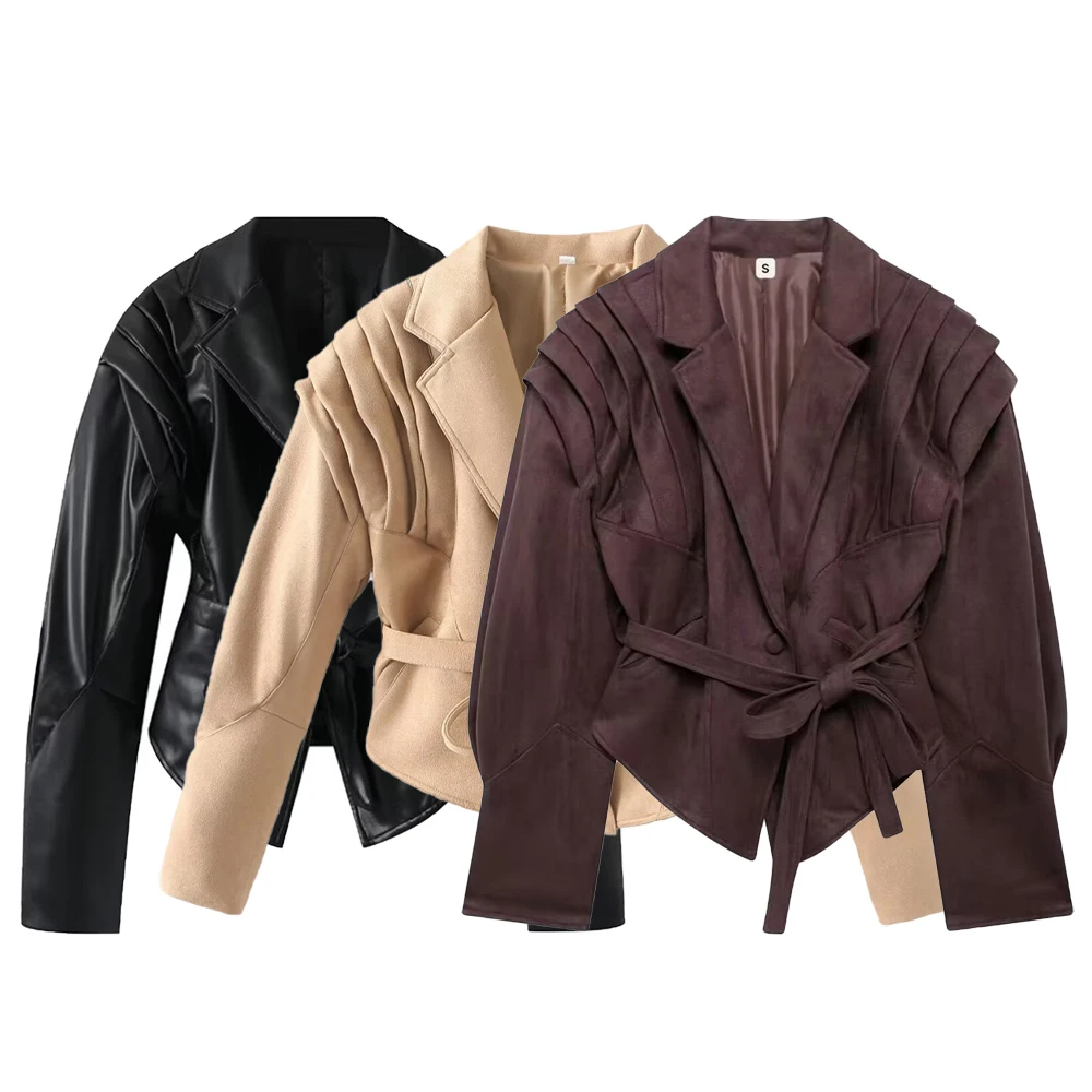 

Autumn Winter New Women Lapel Waist Cinching Strap Long Sleeved Short Jacket Female Top Coat