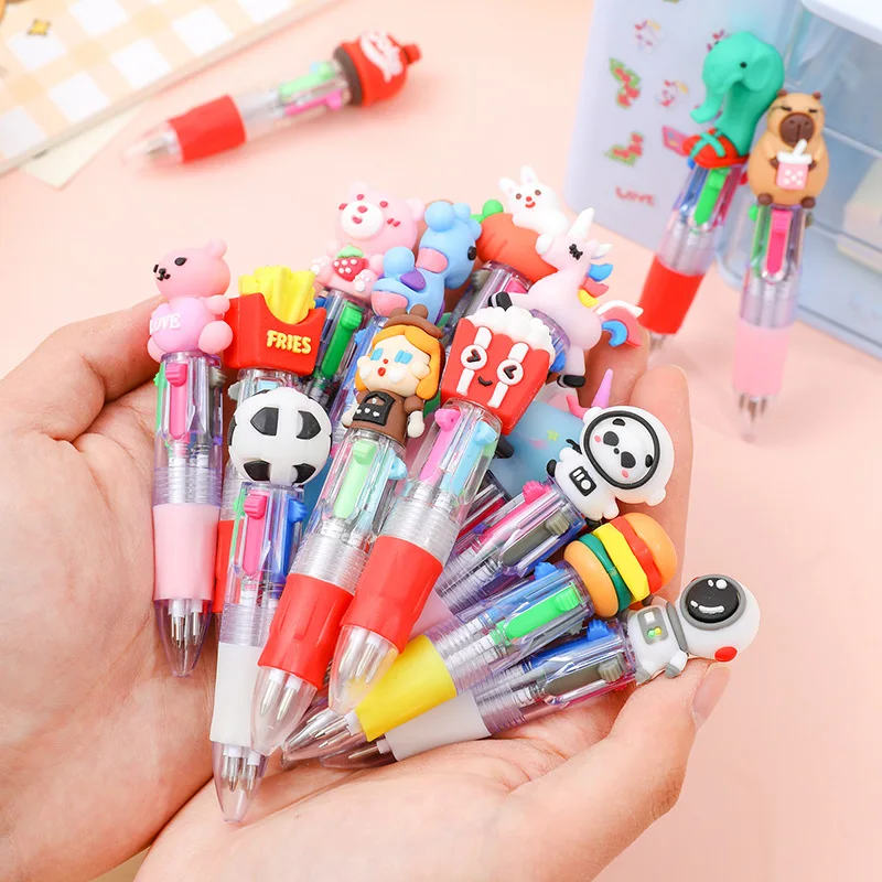 10Pcs Cute Cartoon Four-Color Ballpoint Pen Mini Medium Ink for Primary School Students Educational Stationery Reward Small Gift