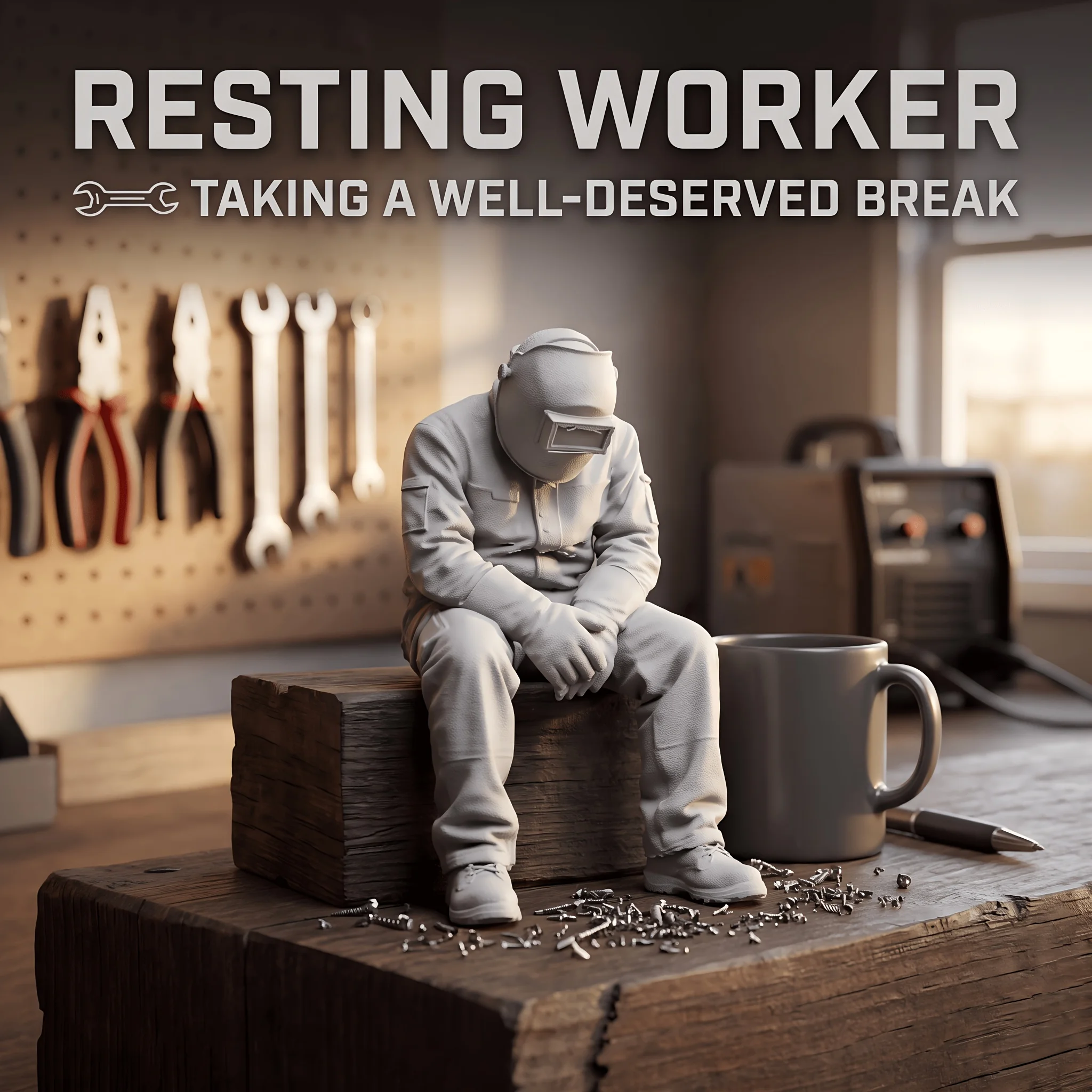 Resting Worker Figurine 3D Print Creative Tired Welder Sitting Statue Funny Desk Decor Craftsman Theme Desktop Collectible Gifts