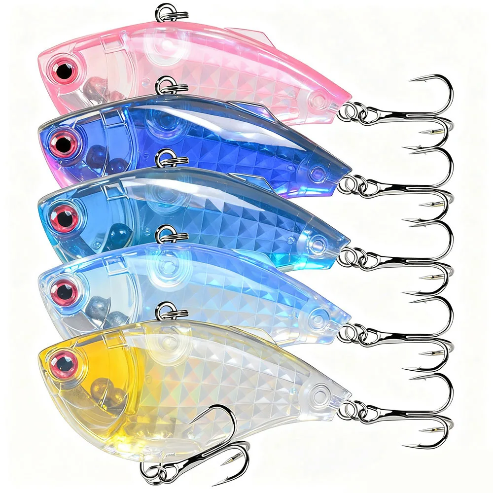 

6cm 15g Sinking VIB Fishing Lures 5 Pack Long Casting Built-in Rattling Balls 6# Treble Hooks Hard Baits For Bass