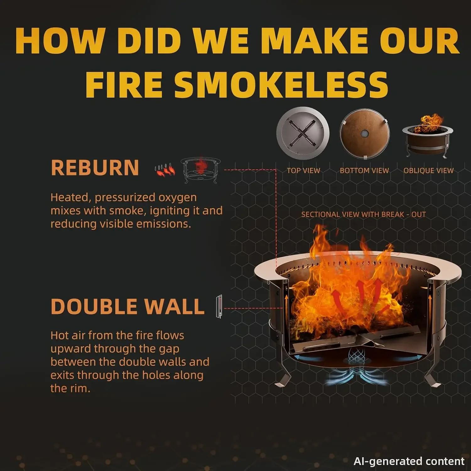 27 Inch Smokeless Wood-Burning Fire Pit, Aged Rust-Look Finish, Customized